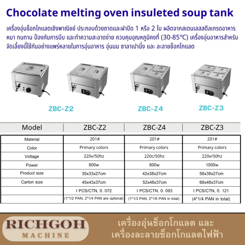 เครื่องละลายช็อกโกแลตไฟฟ้า หรือ เครื่องอุ่นช็อกโกแลต เป็นอุปกรณ์ที่ช่วยให้การละลายช็อกโกแลตเป็นเรื่องง่ายและสะดวกสบายยิ่งขึ้น เหมาะสำหรับทั้งการใช้งานในบ้านและเชิงพาณิชย์ ด้วยการออกแบบที่ทันสมัยและคุณสมบัติที่โดดเด่น ทำให้คุณสามารถสร้างสรรค์เมนูขนมหวานจากช็อกโกแลตได้อย่างไร้ขีดจำกัด