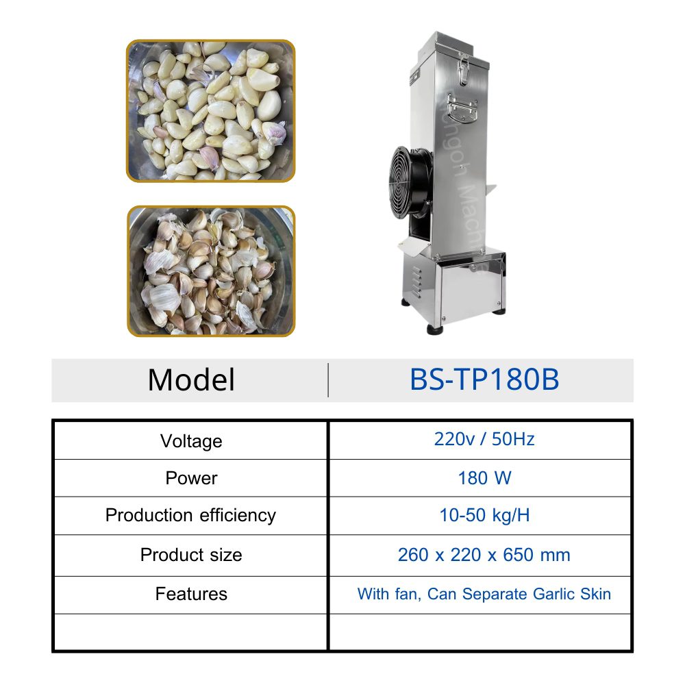 เครื่องปอกเปลือกกระเทียม BS-TP180B (4) เครื่องปอกเปลือกกระเทียม ถูกออกแบบมาเพื่อแก้ปัญหานี้โดยเฉพาะ เปลี่ยนงานปอกกระเทียมที่ยุ่งยากให้กลายเป็นเรื่องง่าย สะอาด รวดเร็ว และได้มาตรฐานอุตสาหกรรม